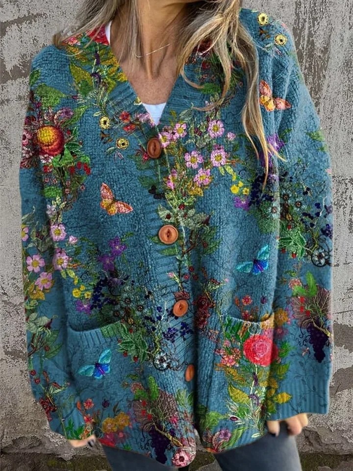 Vintage Floral Art Print Knit V-neck Pullover Sweater