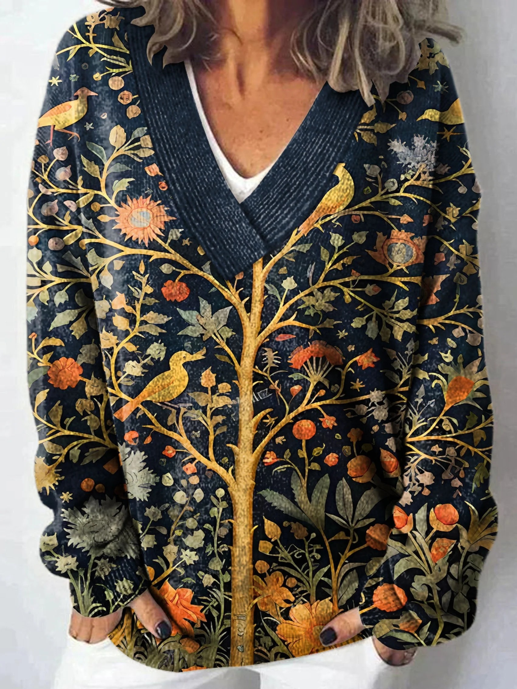 Vintage Floral Art Print Knit V-neck Pullover Sweater