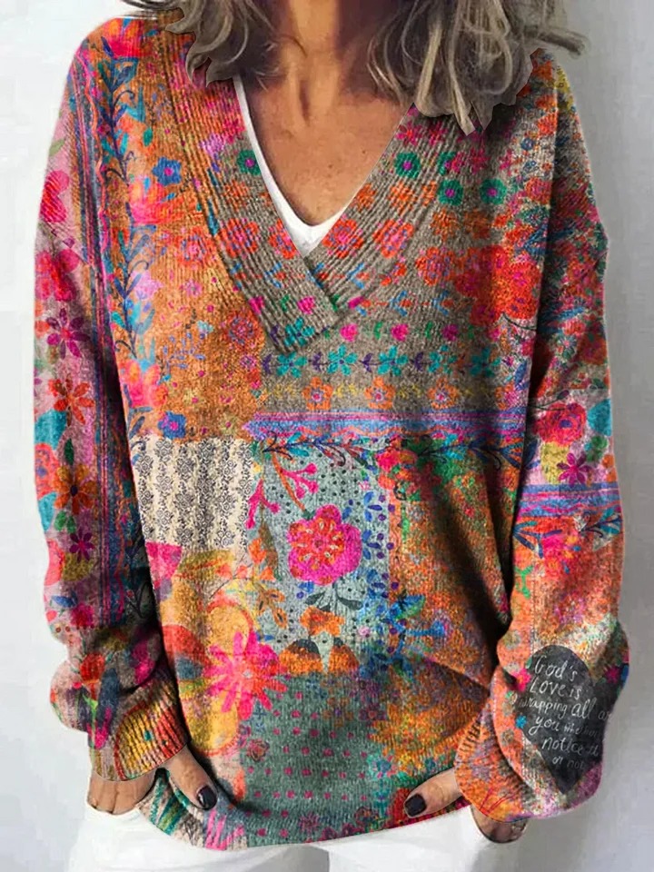 Vintage Floral Art Print Knit V-neck Pullover Sweater
