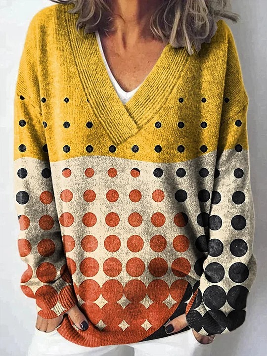 Vintage Floral Art Print Knit V-neck Pullover Sweater