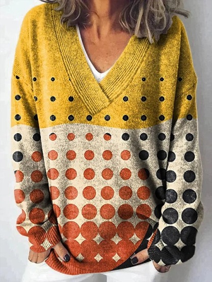 Vintage Floral Art Print Knit V-neck Pullover Sweater