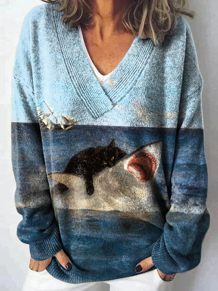 Vintage Floral Art Print Knit V-neck Pullover Sweater