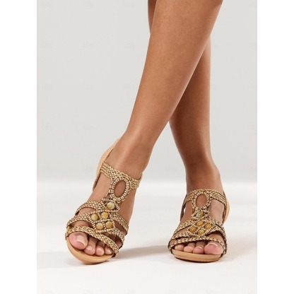 Women's Boho Braided Wedge Sandals with Beaded Embellishments – Stylish and Comfortable Open-Toe Shoes for Summer, Beach, and Casual Occasions