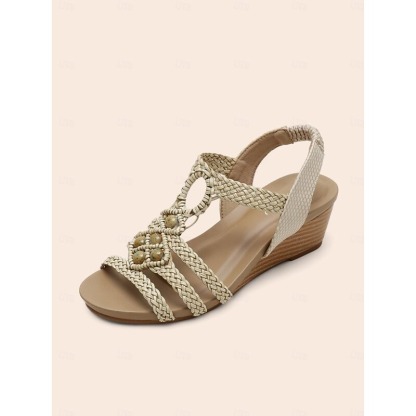 Women's Boho Braided Wedge Sandals with Beaded Embellishments – Stylish and Comfortable Open-Toe Shoes for Summer, Beach, and Casual Occasions