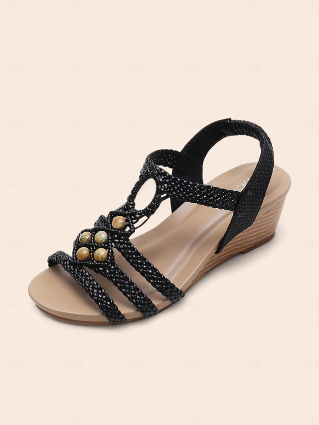 Women's Boho Braided Wedge Sandals with Beaded Embellishments – Stylish and Comfortable Open-Toe Shoes for Summer, Beach, and Casual Occasions