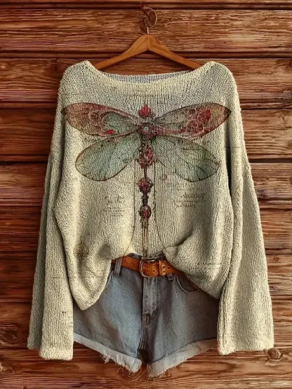 Women's Vintage Floral Art Print Casual Pullover Sweater