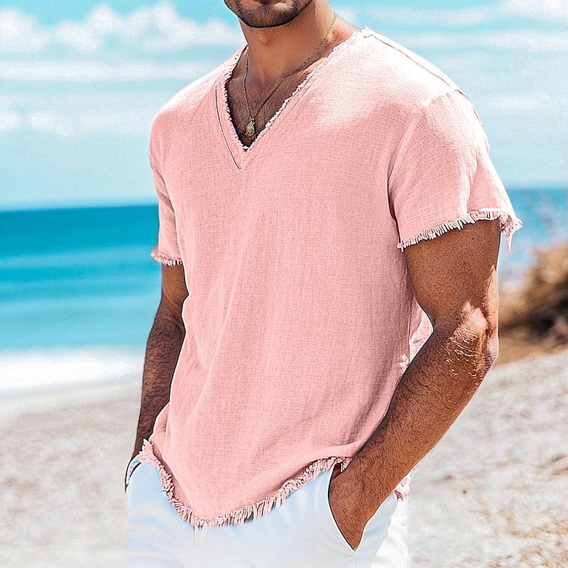 Men's Tee Top Linen T-Shirt Short Sleeves V Neck Summer Plain Fashion Designer Basic Soft Vacation Casual Daily Beach -tidenox