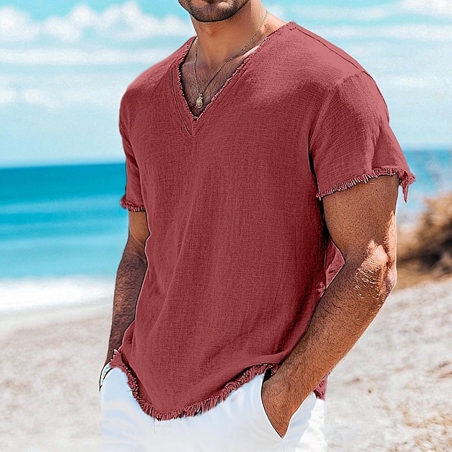 Men's Tee Top Linen T-Shirt Short Sleeves V Neck Summer Plain Fashion Designer Basic Soft Vacation Casual Daily Beach -tidenox