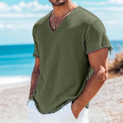 Men's Tee Top Linen T-Shirt Short Sleeves V Neck Summer Plain Fashion Designer Basic Soft Vacation Casual Daily Beach -tidenox