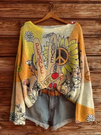 Women's Vintage Floral Art Print Casual Pullover Sweater