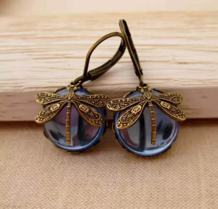 Vintage Drop-Shaped Moonstone Earrings with Dragonfly Design-tidenox