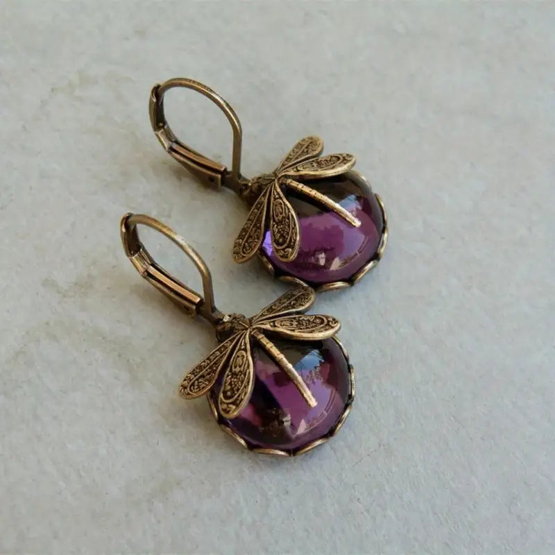 Vintage Drop-Shaped Moonstone Earrings with Dragonfly Design-tidenox