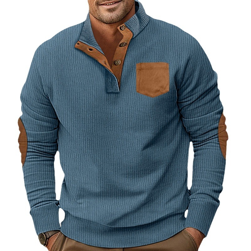 Men's pocket stand collar long sleeve corduroy colorblock sweatshirt-tidenox