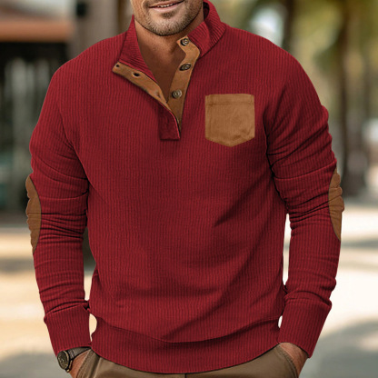 Men's pocket stand collar long sleeve corduroy colorblock sweatshirt-tidenox