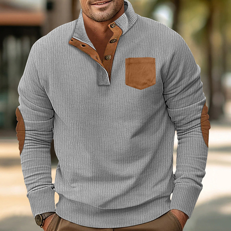 Men's pocket stand collar long sleeve corduroy colorblock sweatshirt-tidenox
