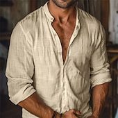 Men's Shirt Linen Shirt Casual Shirt Button Up Shirt Cotton Shirt Plain Vacation Hawaiian White Long Sleeve Band Collar Spring Fall Clothing Apparel Button-Down-tidenox