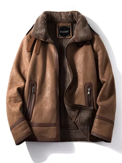 Mens Fur All-in-one Jacket Winter Velvet Thickened Suede Leather Coat Retro Tops-tidenox