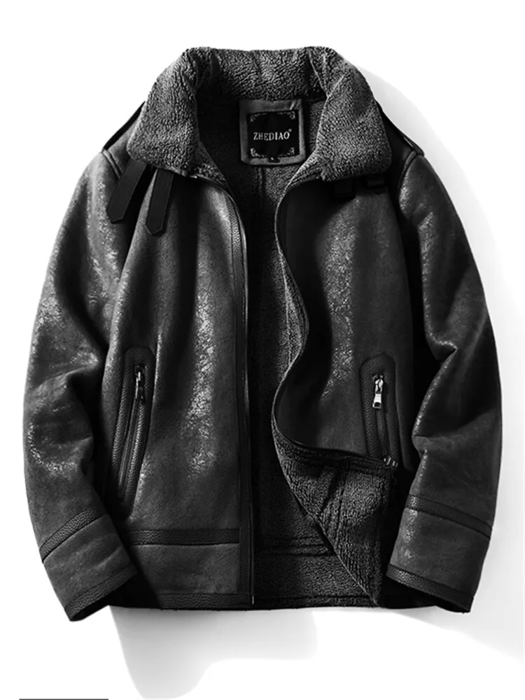 Mens Fur All-in-one Jacket Winter Velvet Thickened Suede Leather Coat Retro Tops-tidenox
