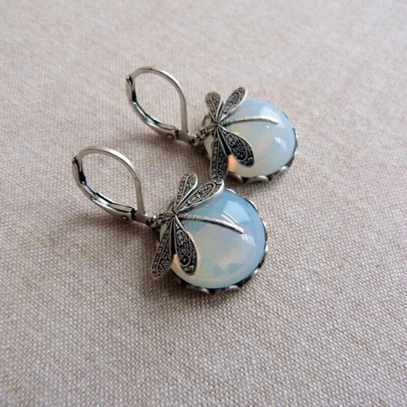 Vintage Drop-Shaped Moonstone Earrings with Dragonfly Design-tidenox