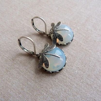 Vintage Drop-Shaped Moonstone Earrings with Dragonfly Design-tidenox