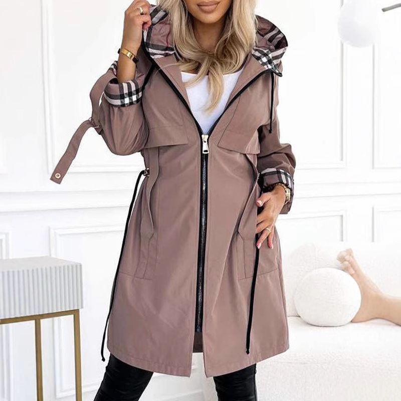 Spring and autumn hooded zipper casual trench coat-tidenox
