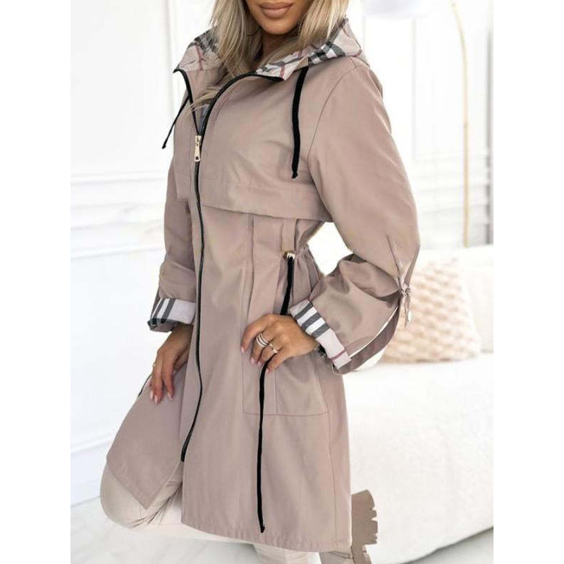 Spring and autumn hooded zipper casual trench coat-tidenox