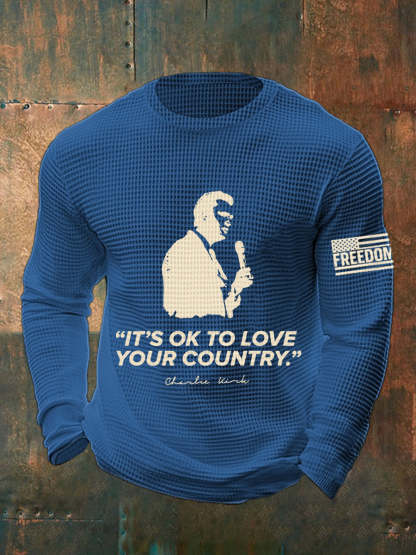 Men's It's Ok To Love Your Country R.I.P Charlie Kirk Waffle Long Sleeve Top-tidenox