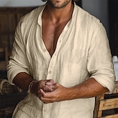 Men's Shirt Linen Shirt Casual Shirt Button Up Shirt Cotton Shirt Plain Vacation Hawaiian White Long Sleeve Band Collar Spring Fall Clothing Apparel Button-Down-tidenox