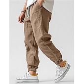 Men's Linen Pants Trousers Summer Pants Elastic Waist Straight Leg High Rise Solid Color Comfort Breathable Full Length Wedding Holiday Vacation Fashion Gray Green Black High Waist Inelastic-tidenox