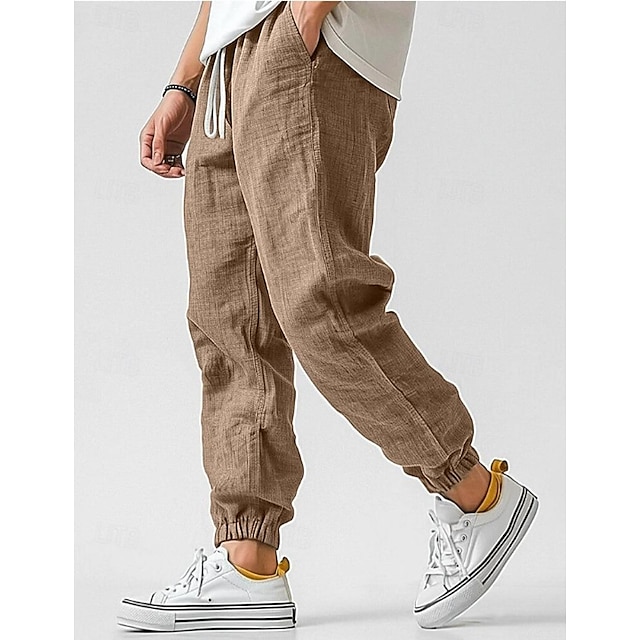 Men's Linen Pants Trousers Summer Pants Elastic Waist Straight Leg High Rise Solid Color Comfort Breathable Full Length Wedding Holiday Vacation Fashion Gray Green Black High Waist Inelastic-tidenox