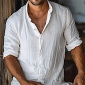 Men's Shirt Linen Shirt Casual Shirt Button Up Shirt Cotton Shirt Plain Vacation Hawaiian White Long Sleeve Band Collar Spring Fall Clothing Apparel Button-Down-tidenox