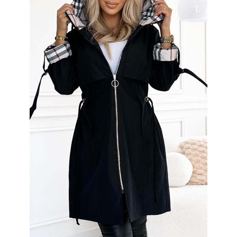 Spring and autumn hooded zipper casual trench coat-tidenox