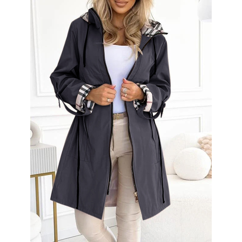Spring and autumn hooded zipper casual trench coat-tidenox