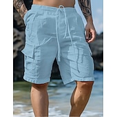 Men's Shorts Linen Shorts Summer Shorts Beach Shorts Drawstring Elastic Waist Multi Pocket Plain Knee Length Outdoor Beach Hawaiian Casual ArmyGreen Black Inelastic-tidenox