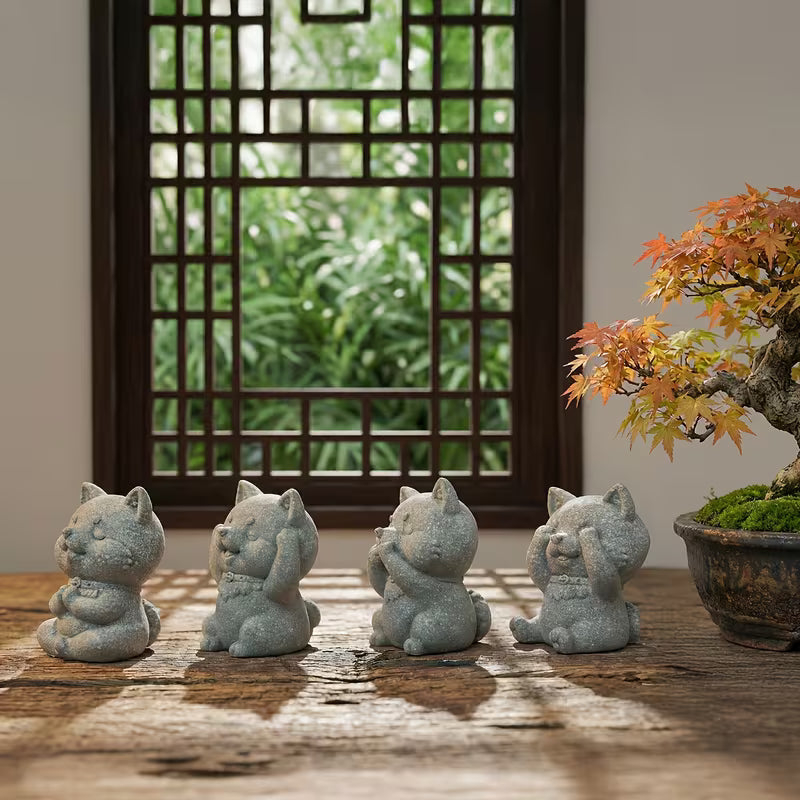  Handcrafted Stone Zen Shiba Inu Statue Set