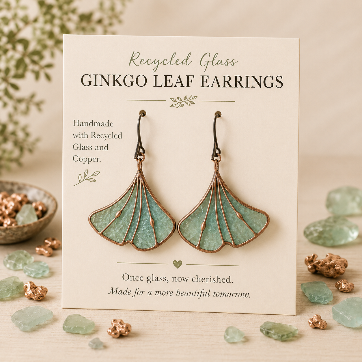Recycled Glass Ginkgo Leaf Earrings