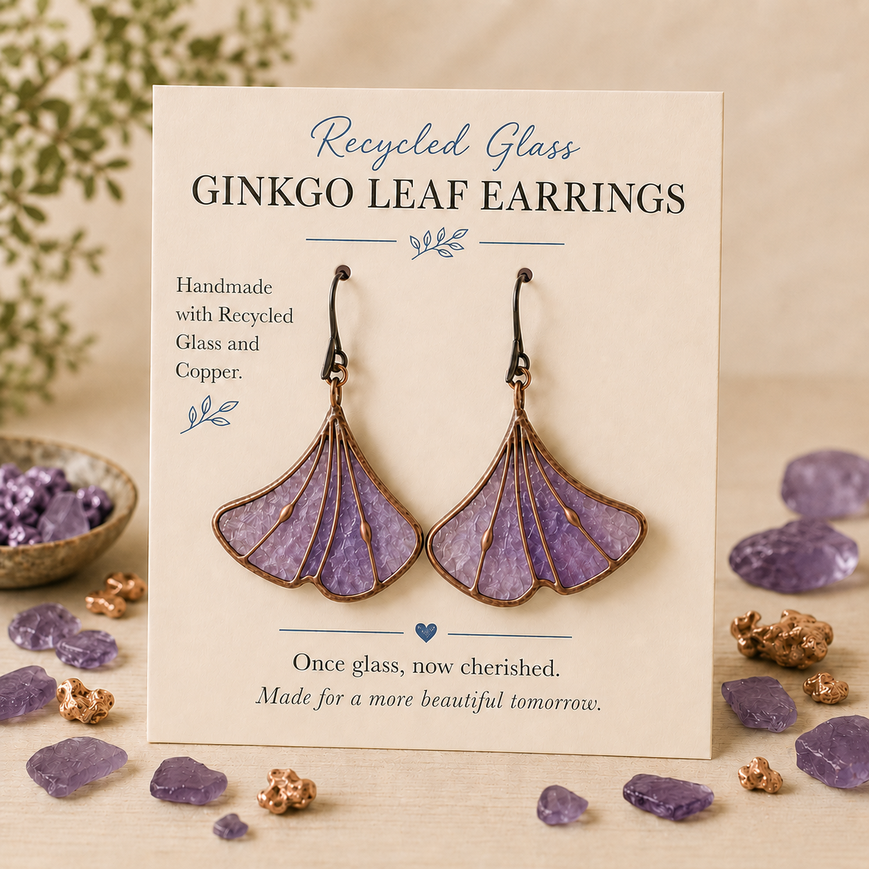 Recycled Glass Ginkgo Leaf Earrings