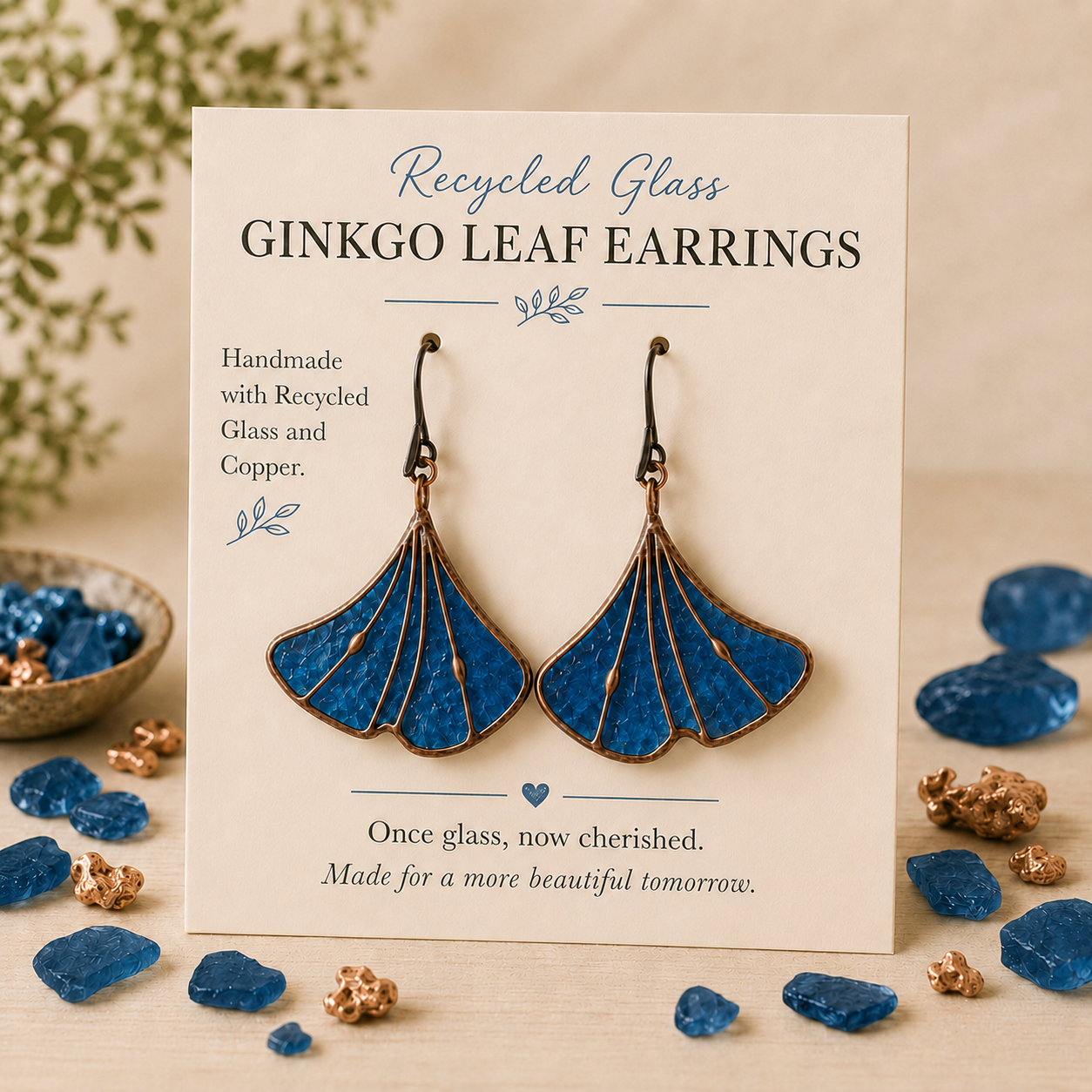 Recycled Glass Ginkgo Leaf Earrings