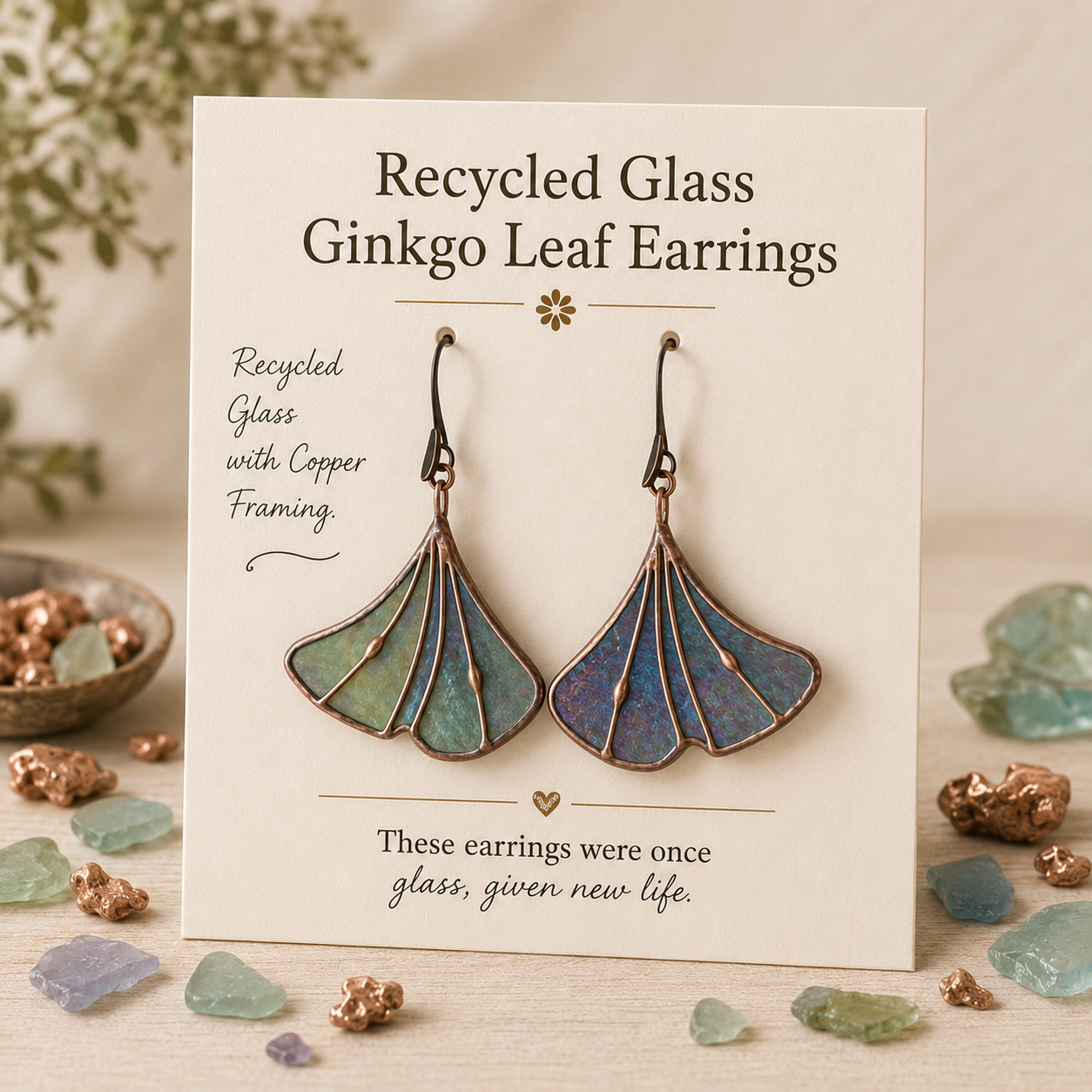 Recycled Glass Ginkgo Leaf Earrings