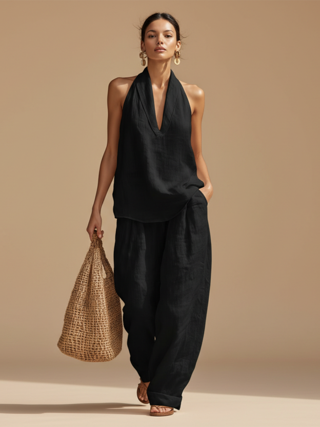 Casual Urban Style White Linen V-neck Sleeveless Top And Wide Leg Pants Set