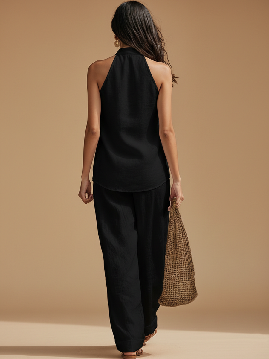 Casual Urban Style White Linen V-neck Sleeveless Top And Wide Leg Pants Set