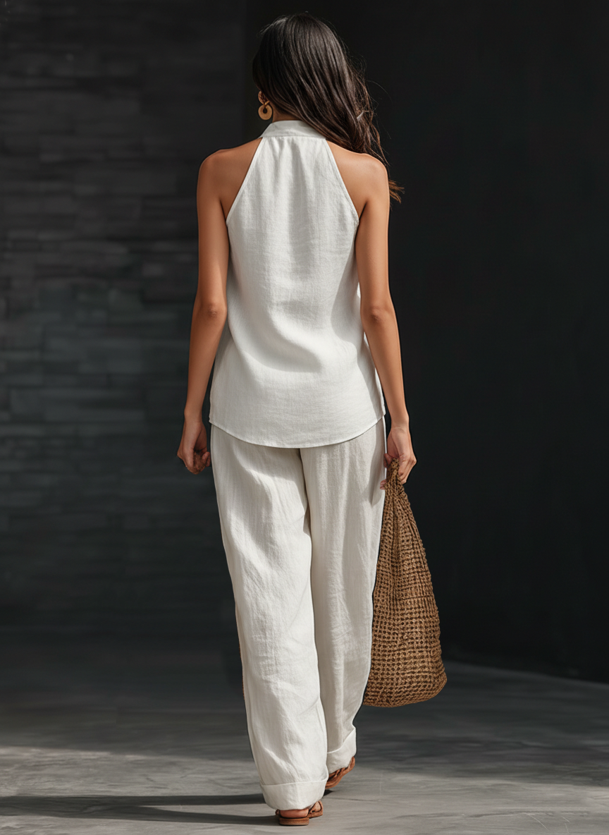 Casual Urban Style White Linen V-neck Sleeveless Top And Wide Leg Pants Set