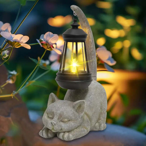 Solar Cat Lantern Sleeping Kitten Statue Light