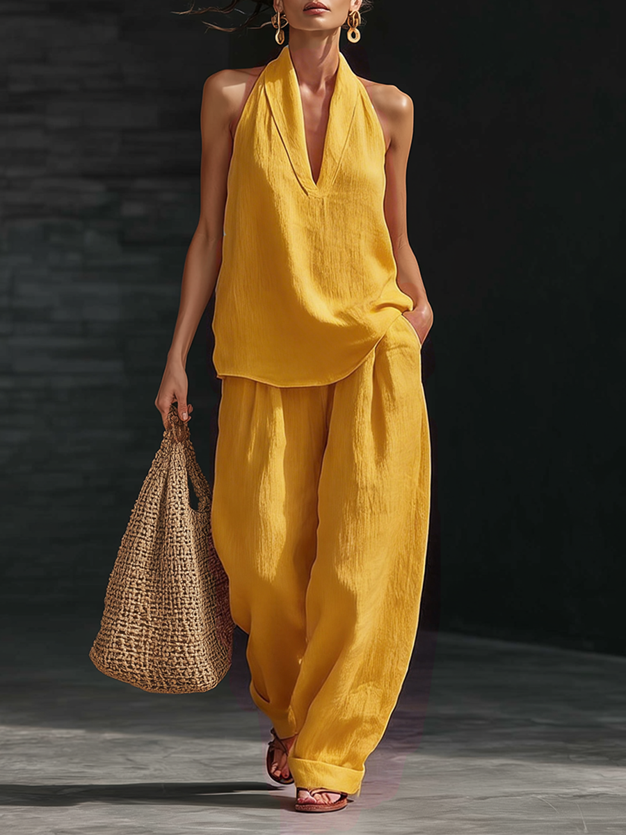 Casual Urban Style White Linen V-neck Sleeveless Top And Wide Leg Pants Set