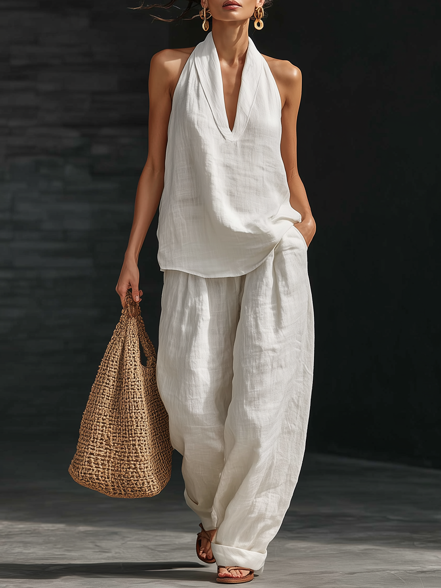 Casual Urban Style White Linen V-neck Sleeveless Top And Wide Leg Pants Set