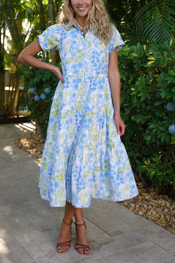 V-Neck Short-Sleeve Brazil Blue Dress