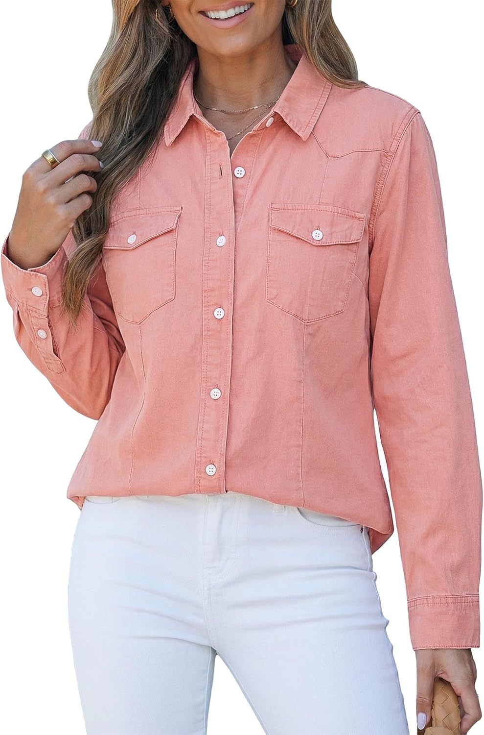 Denim Shirts for Women Long Sleeve Button Down Chambray Relaxed Fit Western Jean Shirts Casual Collared Jean Top