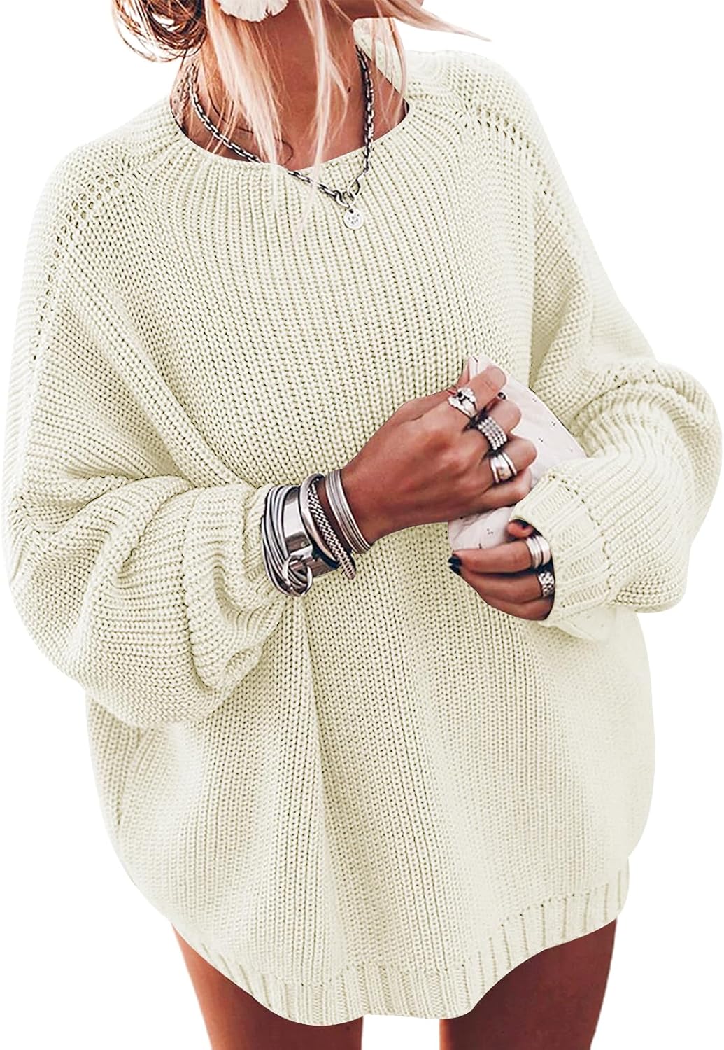 Ugerlov Women's Oversized Sweaters Batwing Sleeve Mock Neck Jumper Tops Chunky Knit Pullover Sweater
