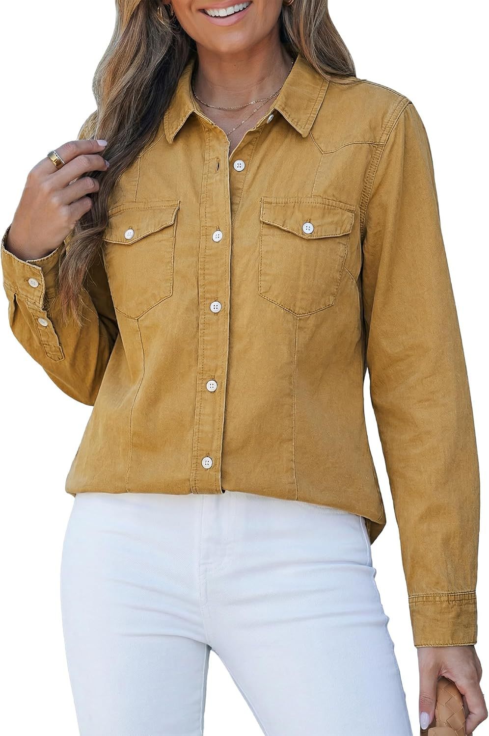 Denim Shirts for Women Long Sleeve Button Down Chambray Relaxed Fit Western Jean Shirts Casual Collared Jean Top