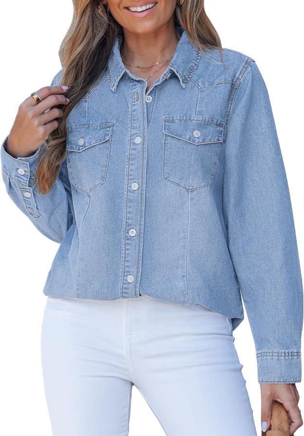 Denim Shirts for Women Long Sleeve Button Down Chambray Relaxed Fit Western Jean Shirts Casual Collared Jean Top